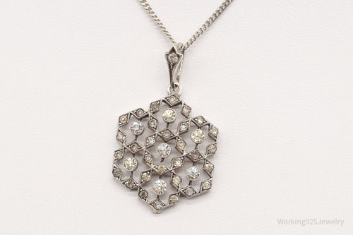 Antique Vintage Faux Diamonds Snowflake Sterling Silver Necklace