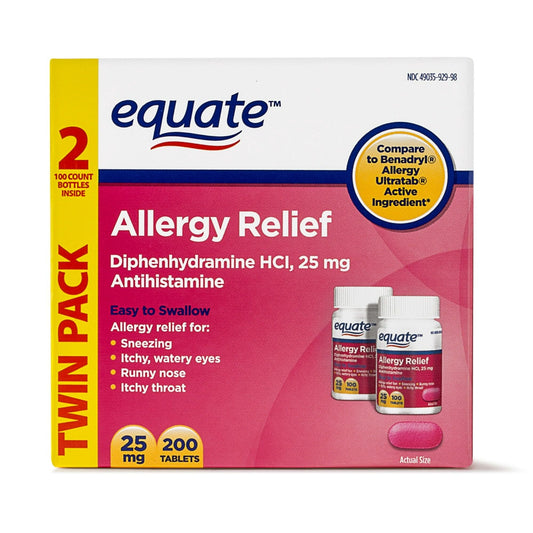Equate Allergy Relief Diphenhydramine Tablets 25mg; 100 Count; Twin Pack EasyOptionXY LLC