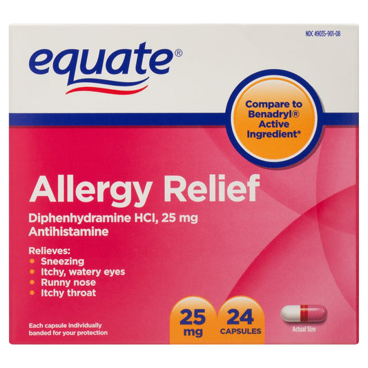 Equate Diphenhydramine Allergy Relief Capsules; 25 mg; 24 Count EasyOptionXY LLC