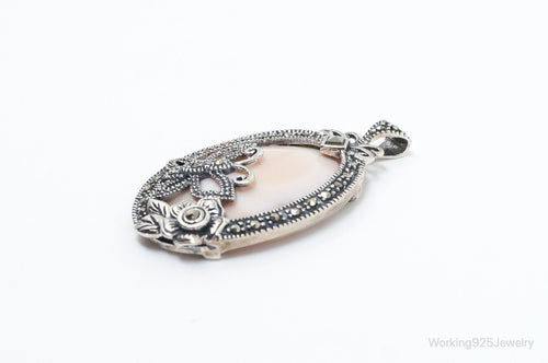 VTG Pink Mother of Pearl Marcasite Butterfly Flower Sterling Silver Pendant