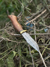 Hunting Blade – 10" Damascus Steel Knife with Rosewood Handle, Brass Guard & Leather Sheath