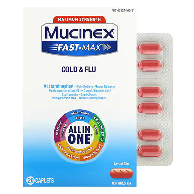 MUCINEX Fast-Max Cold & Flu All-in-One Maximum Strength Caplets, 20 Count