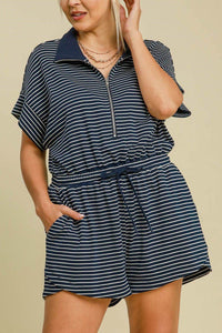 Umgee Full Size Half Zip Striped Romper Plus Size
