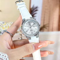 Women's Leather Strap Crystal Bezel Watch Rose Gold Luxury