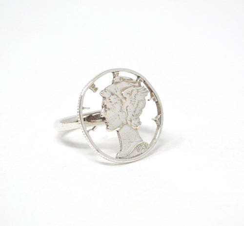 Antique 1941 Mercury Dime Sterling Silver Cutout Ring - Size 4.5 - Coin Jewelry