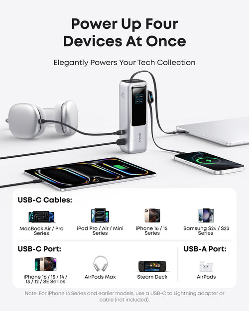 Anker Laptop Power Bank (25K, 165W, Built-In and Retractable Cables)