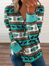Western Style Zipper Sweater | Cowgirl Chic Pullover with Horse Print