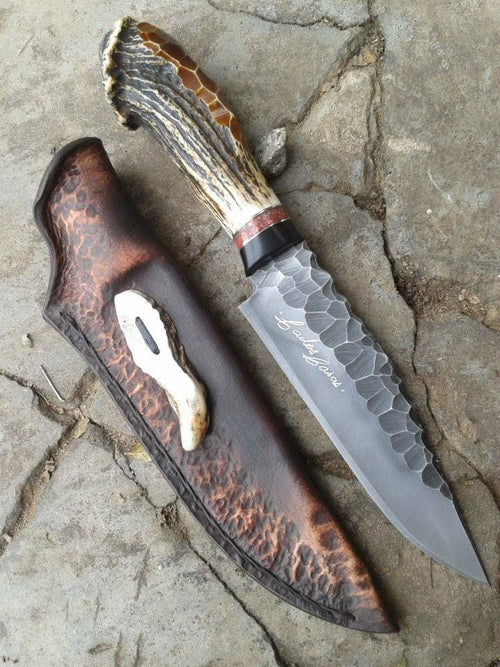Western Bowie Knife – 15" J2 Hand-Forged Steel Blade with Antler Horn or Resin Handle & Leather Sheath