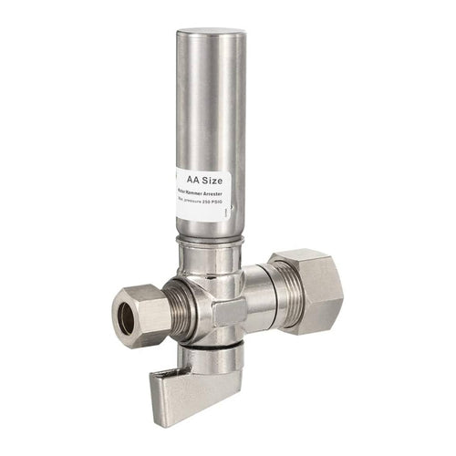 1/4 Turn Stop Straight Valve, 1/2" Nominal (5/8" OD) Compression x 3/8" OD With Stainless Steel Water Hammer Arrestor Chrome Plated Brass Plumbingsell