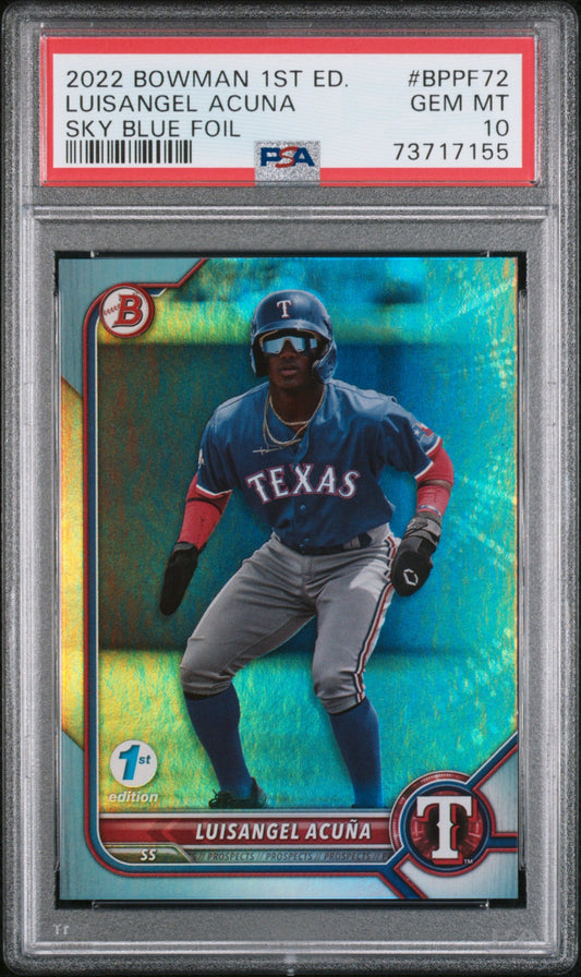 Graded 2022 Topps Bowman 1st Edition Luisangel Acuna #BPPF72 Sky Blue Foil Rookie RC Baseball Card PSA 10 Gem Mint
