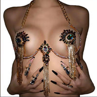 Sexy Tassel Color Crystal Chest Chain Necklace Women Bikini Accessories Sparkling Rhinestone Bra Body Chain Beach Charm Lingerie