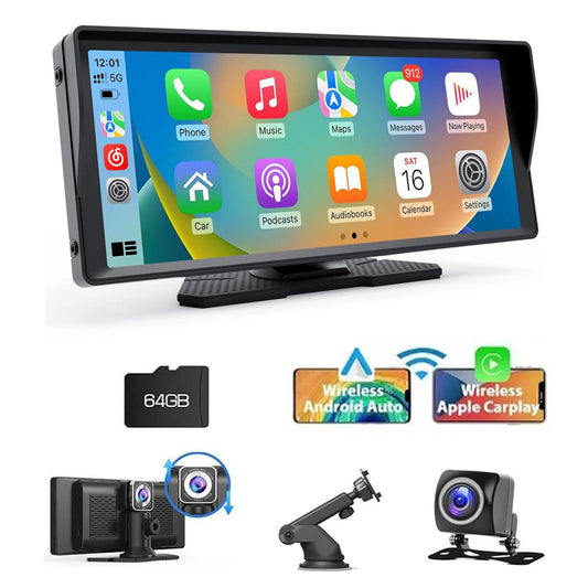 10.26" Wireless Portable Carplay Screen Car Stereo HD Touchscreen Android Auto Car Video Player with 2.5K Dash Cam&Backup Camera