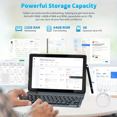 A10L 10 Inch Tablet Android 14 12GB RAM 64GB ROM 1TB Expand WiFi6 Face Unlock HD IPS Screen Keyboard Mouse Stylus With Pick Bag