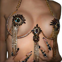 Sexy Tassel Color Crystal Chest Chain Necklace Women Bikini Accessories Sparkling Rhinestone Bra Body Chain Beach Charm Lingerie