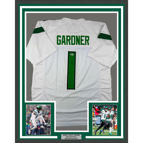 Framed Autographed/Signed Ahmad Sauce Gardner 35x39 New York White Football Jersey Beckett BAS COA
