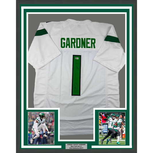 Framed Autographed/Signed Ahmad Sauce Gardner 35x39 New York White Football Jersey Beckett BAS COA
