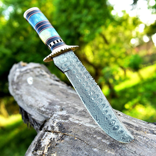 Damascus Steel Antique Bowie Knife for Sale – 13" with Brass Guard, Color Bone & Pakkawood Handle, Includes Leather Sheath