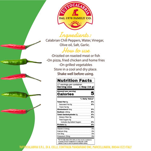 TuttoCalabria Calabrian Chili Hot Sauce “Hot & Tangy” – 8.8 oz (250 ml)
