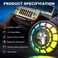 SPDZ1 Oculus 7" RGB LED Headlights with LED RGB Fog Light Kit – App Controlled Multi-Mode Halo