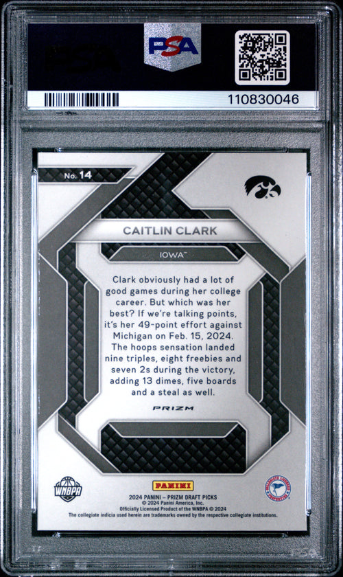 Graded 2024 Panini Prizm Draft Picks Caitlin Clark #14 New Recruits Silver Prizm Rookie RC Basketball Card PSA 10 Gem Mint