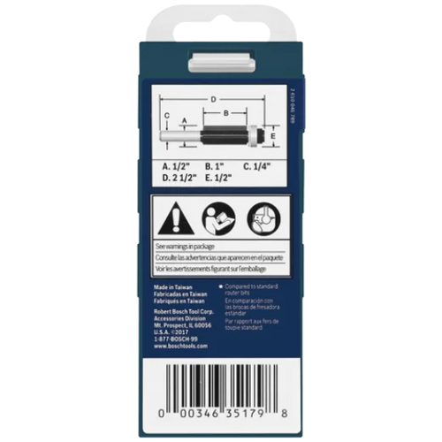 BOSCH 85216MC 1/2 In. x 1 In. Carbide-Tipped Triple-Flute Flush Trim Router Bit