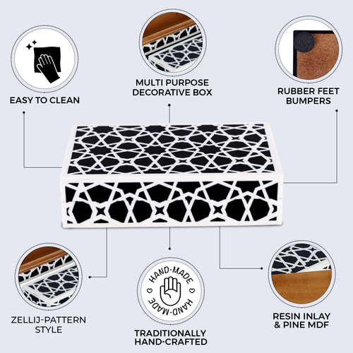 Decorative Storage Box Zellij Collection Resin Inlay, Black-White, 7 Sizes