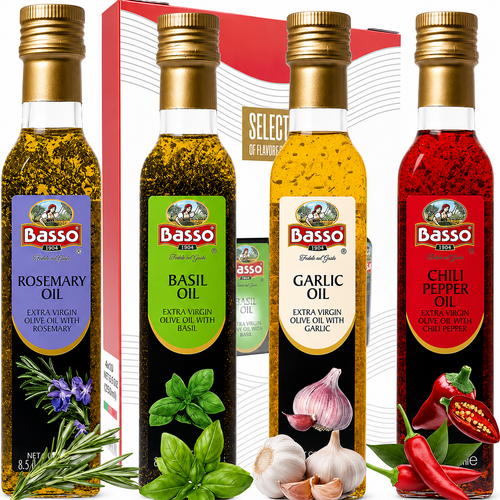 Basso 1904 Infused Extra Virgin Olive Oil Gift Set – Garlic, Chili, Rosemary & Basil – 4 x 8.5 fl oz (250 ml)