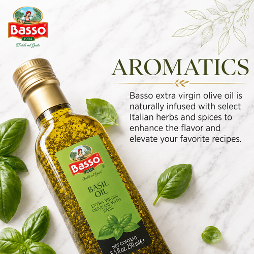 Basso 1904 Infused Extra Virgin Olive Oil Gift Set – Garlic, Chili, Rosemary & Basil – 4 x 8.5 fl oz (250 ml)