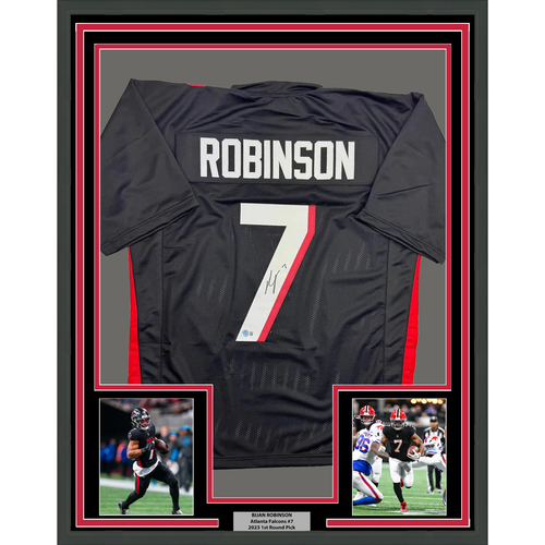 Framed Autographed/Signed Bijan Robinson 35x39 Atlanta Black Football Jersey Beckett BAS COA