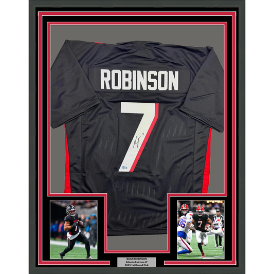 Framed Autographed/Signed Bijan Robinson 35x39 Atlanta Black Football Jersey Beckett BAS COA