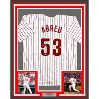 Framed Autographed/Signed Bobby Abreu 35x39 Philadelphia Pinstripe Baseball Jersey Beckett BAS COA