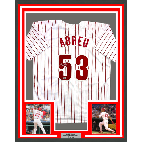 Framed Autographed/Signed Bobby Abreu 35x39 Philadelphia Pinstripe Baseball Jersey Beckett BAS COA