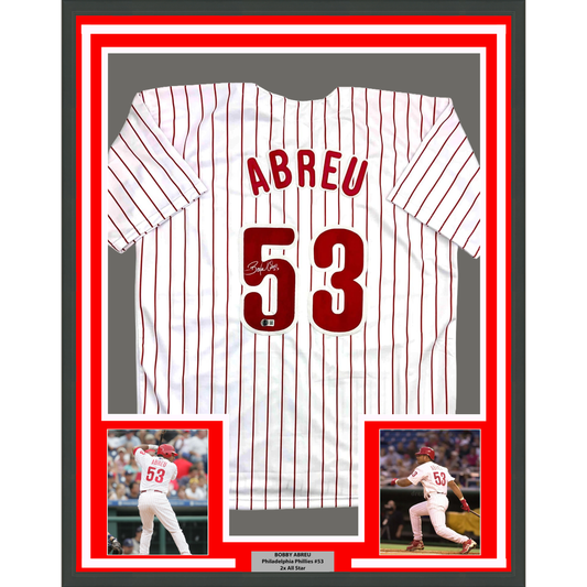 Framed Autographed/Signed Bobby Abreu 35x39 Philadelphia Pinstripe Baseball Jersey Beckett BAS COA