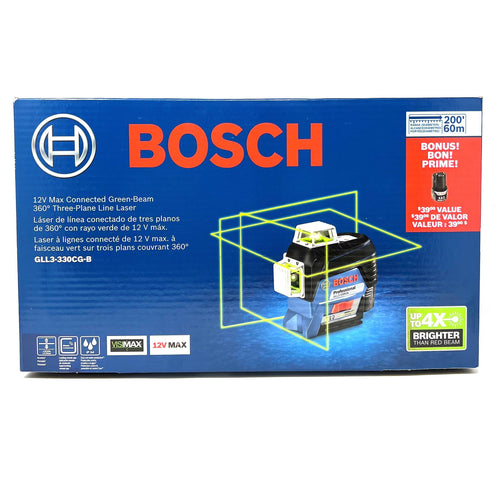 BOSCH GLL3-330CG-B 360-Degree Green Beam Three-Plane Line Laser Level with 2 Batteries