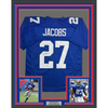 Framed Autographed/Signed Brandon Jacobs 35x39 New York Blue Football Jersey Beckett BAS COA