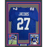 Framed Autographed/Signed Brandon Jacobs 35x39 New York Blue Football Jersey Beckett BAS COA