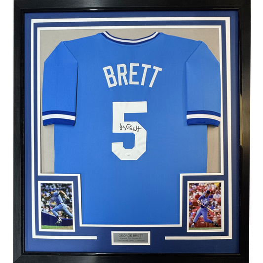 Framed Autographed/Signed George Brett 35x39 Kansas City Blue Baseball Jersey JSA COA