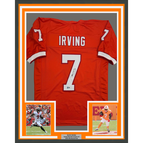 Framed Autographed/Signed Bucky Irving 35x39 Tampa Bay Orange Creamsicle Retro Throwback Football Jersey Beckett BAS COA