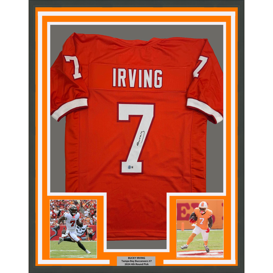 Framed Autographed/Signed Bucky Irving 35x39 Tampa Bay Orange Creamsicle Retro Throwback Football Jersey Beckett BAS COA