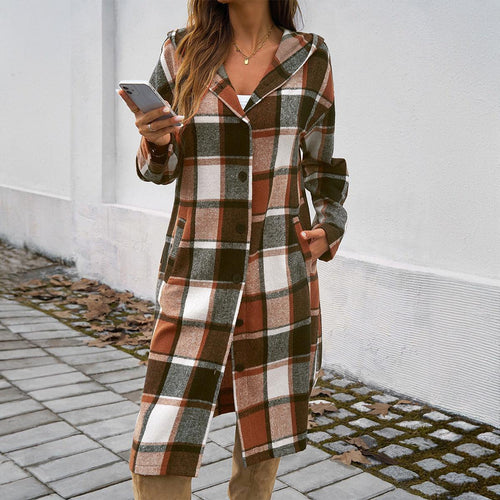 Contrasting Color Hooded Jacket – Stylish Cowgirl Outerwear with Checkered Pattern