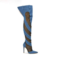 Patchwork Thigh High Knee Boots - Brazen Blue & Jet Black | Ultra High Heels