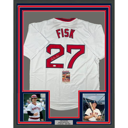 Framed Autographed/Signed Carlton Fisk 35x39 Boston White Baseball Jersey JSA COA