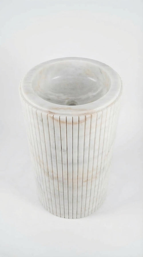Cararra White Marble Designer Pedestal Stand-Alone Fluted Sink (W)18" (L)18" (H)33"