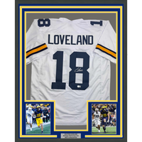 Framed Autographed/Signed Colston Loveland 35x39 Michigan White College Football Jersey Beckett BAS COA