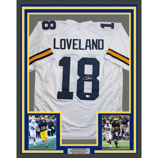Framed Autographed/Signed Colston Loveland 35x39 Michigan White College Football Jersey Beckett BAS COA