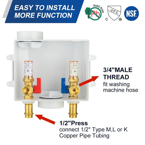 1/2" Copper Press Inlet, Washing Machine Outlet Box, with Copper Water Hammer Arrestor, Center Drain Plumbingsell