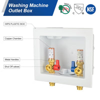 1/2" Copper Press Inlet, Washing Machine Outlet Box, with Copper Water Hammer Arrestor, Center Drain Plumbingsell
