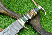 Custom Handmade Damascus Steel Bowie Knife with Stag Horn Handle – 16" Blade with Leather Sheath