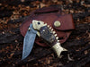 Custom Handmade Fish Style Damascus Steel Folding Knife with Sheep Horn & Brass Handle - Includes Leather Sheath