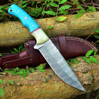 Custom Handmade Damascus Steel Hunting Knife – 10-Inch Blade with Resin Handle, Includes Leather Sheath